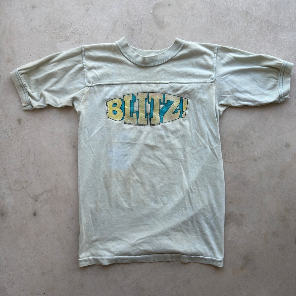 Vintage 70s 80s Blitz Glitter Graphic T-Shirt Mens Blue Factors Etc Jersey Tee